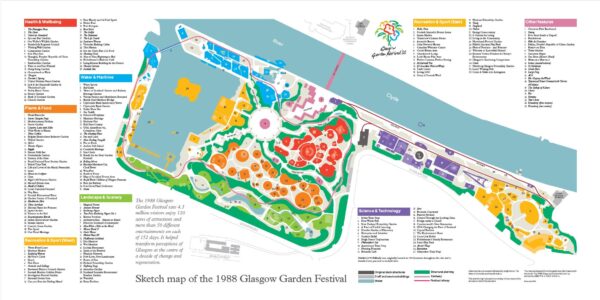Low-resolution image of a large landscape print of a sketch map of the 1988 Glasgow Garden Festival